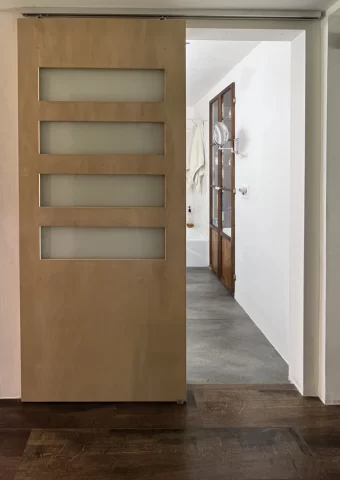 Boynton Beach: Custom Wood/Frosted Glass Bathroom Door